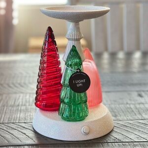Bath & Body Works Light Up Glass Christmas Trees 3-Wick Pedestal Candle Holder
